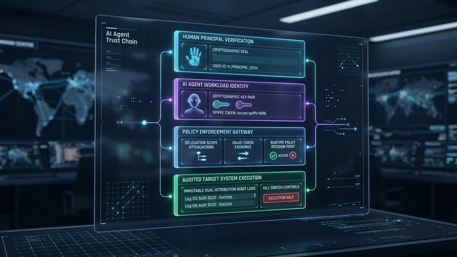 Architecture diagram separating human principal proof, AI agent workload identity, delegated permissions, and runtime policy enforcement.