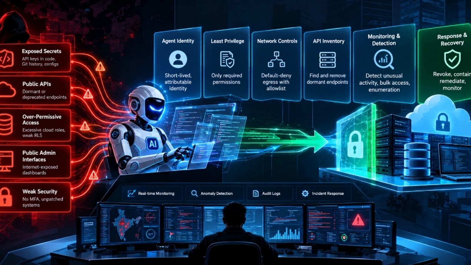 Defensive cybersecurity command center architecture showing AI agent threat vectors, policy controls, and SOC operations.