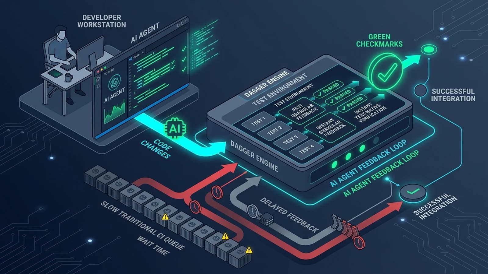 Architectural comparison illustrating an AI coding agent feedback loop passing through a fast Dagger test environment versus a slow traditional CI queue.