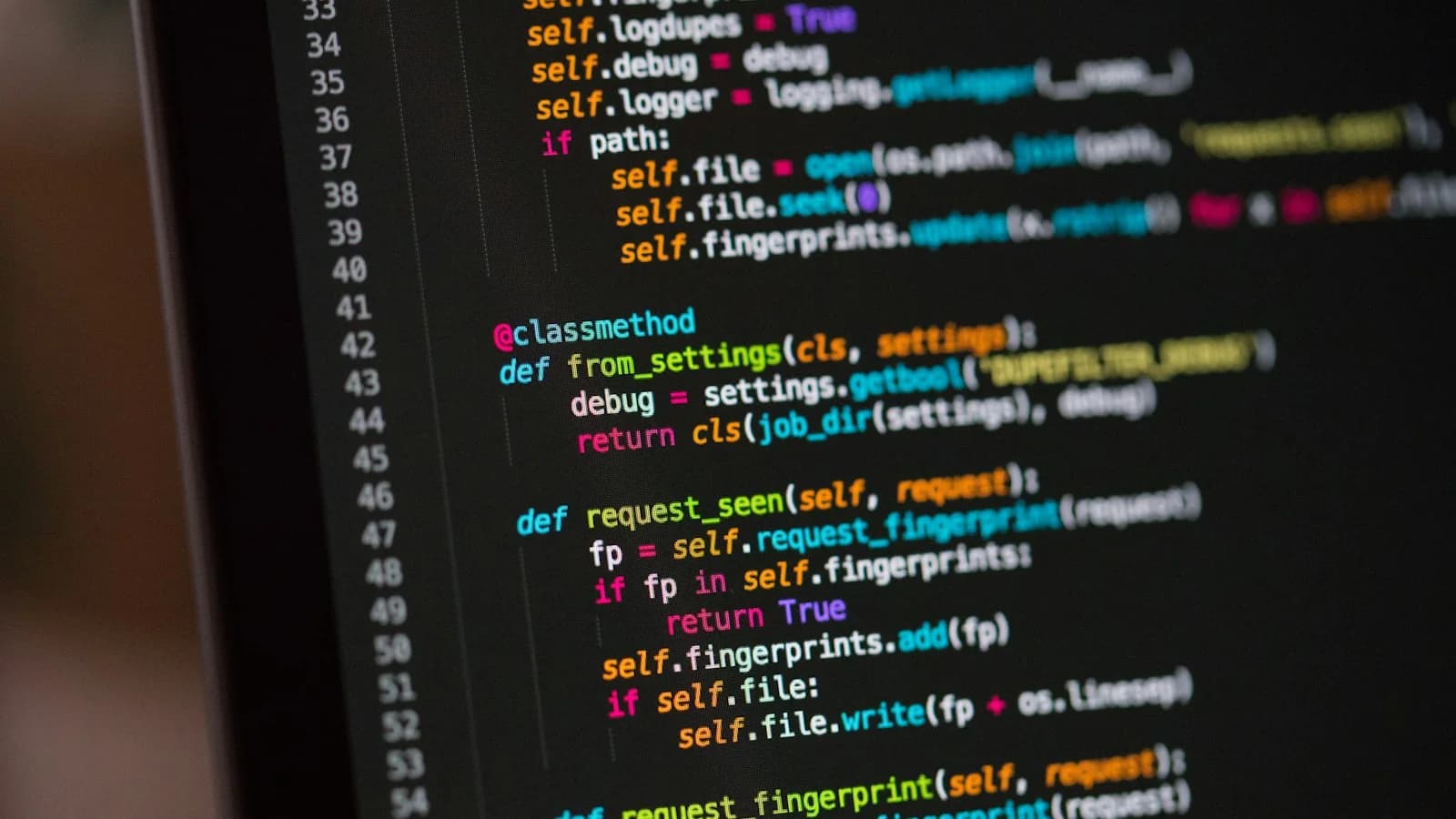 A developer screen with syntax-highlighted code in a dark IDE analyzing request fingerprinting and cache validation logic