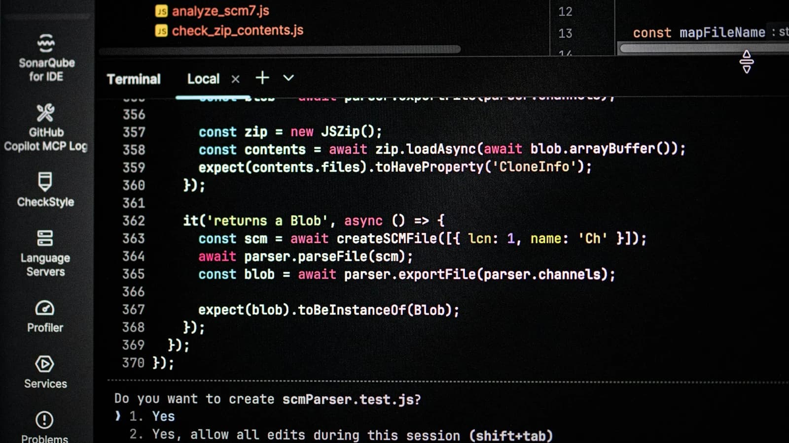 Developer IDE screen displaying SonarQube security analysis and GitHub Copilot MCP logs with agent action authorization prompt