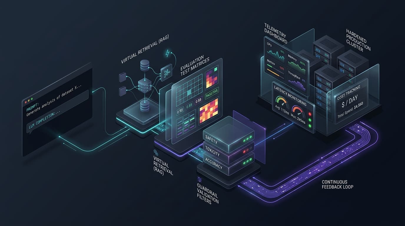 Architectural visualization of the AI Engineering Lifecycle from simple prototype to monitored production cluster