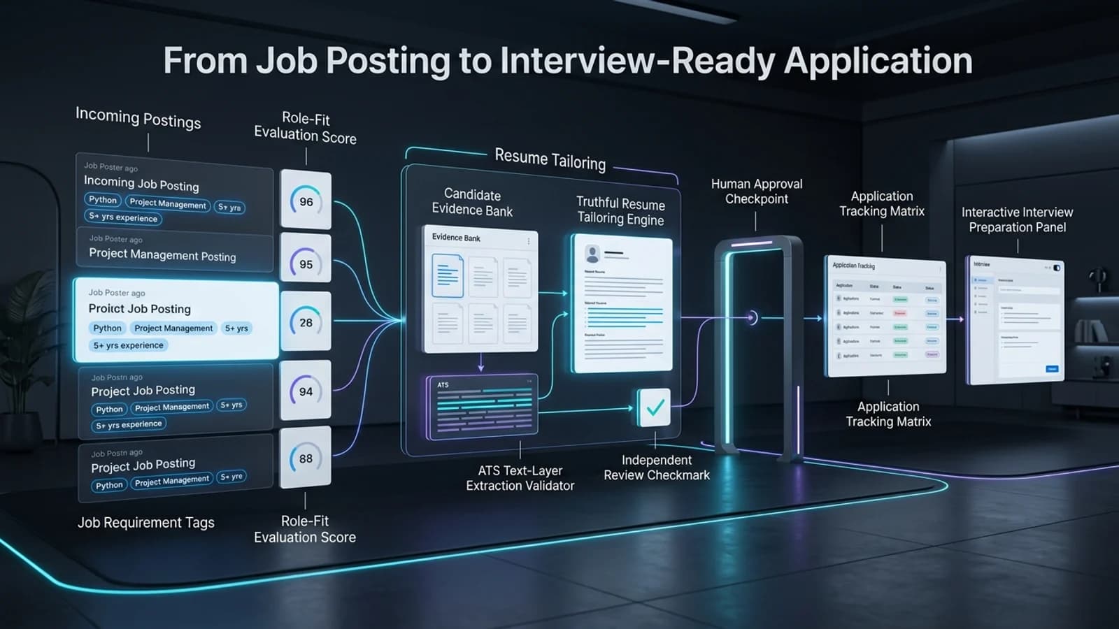 AI job-search workflow showing job matching, evidence-based resume tailoring, document review, human approval, and interview preparation.