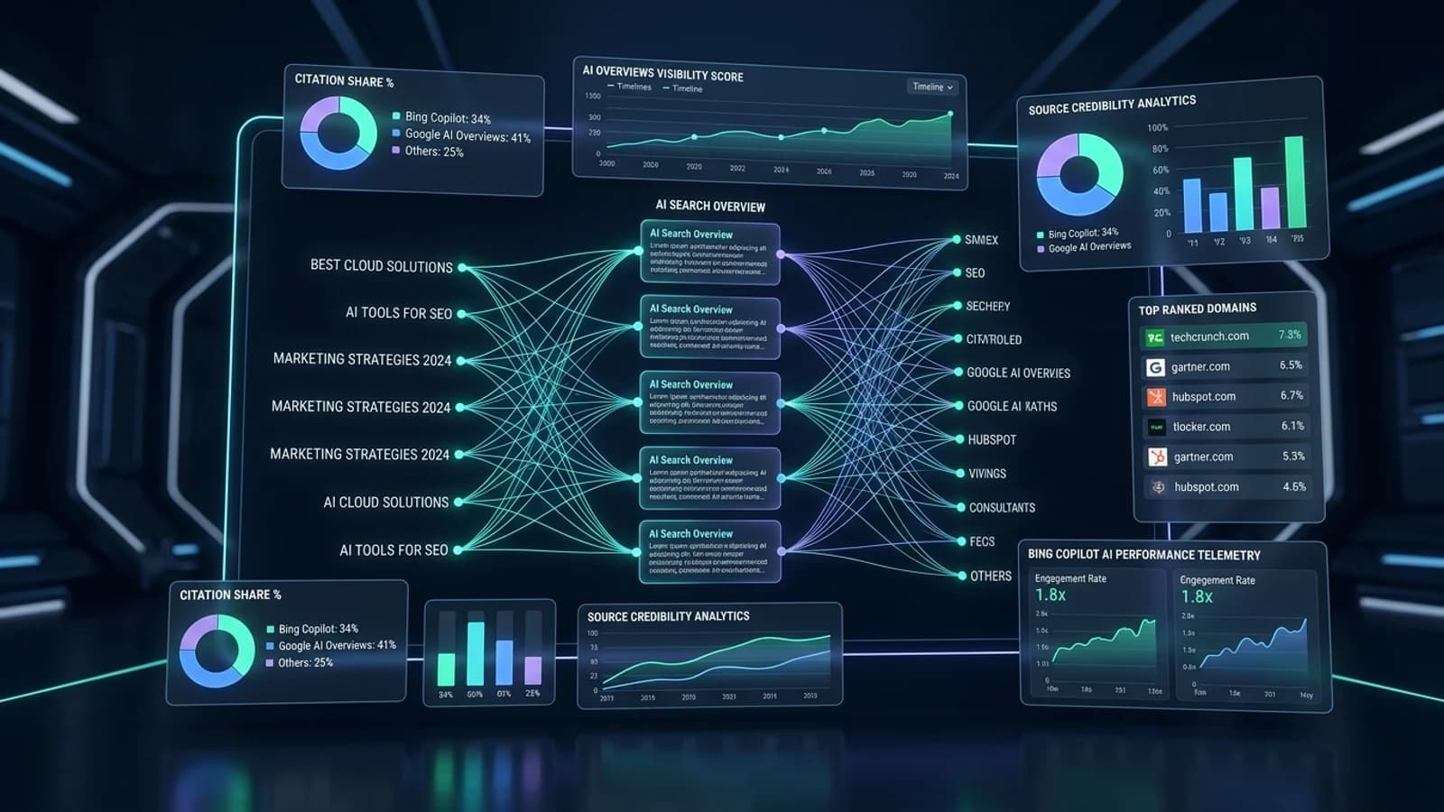3D editorial visualization of AI SEO citation telemetry, Google AI Overviews performance metrics, and Bing Copilot citation share dashboard.