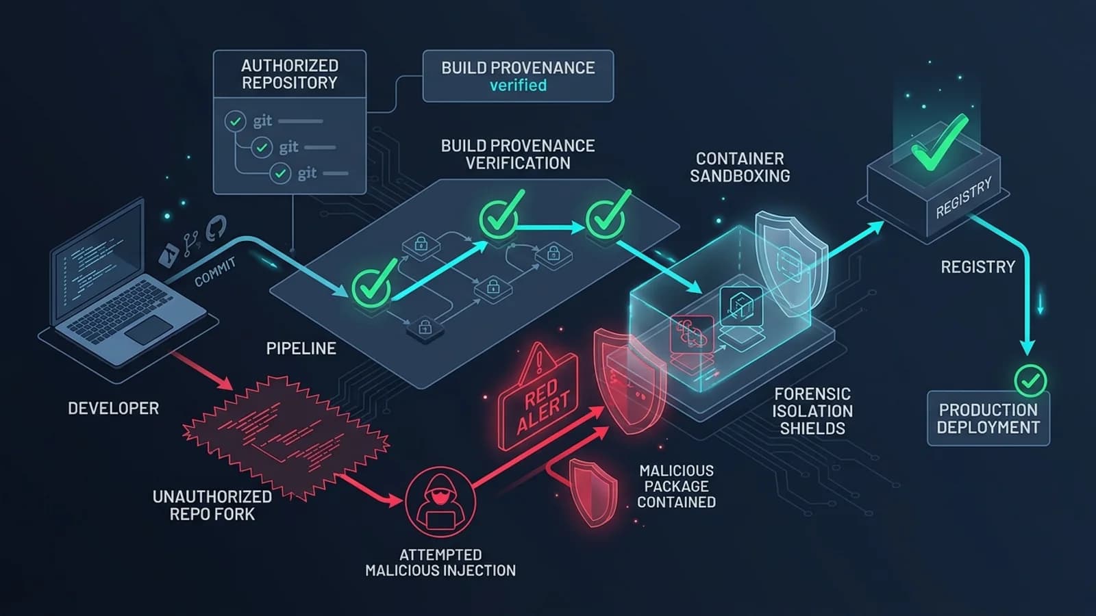 Technical cybersecurity diagram illustrating software supply chain verification, build provenance, pipeline injection detection, and container isolation shields.