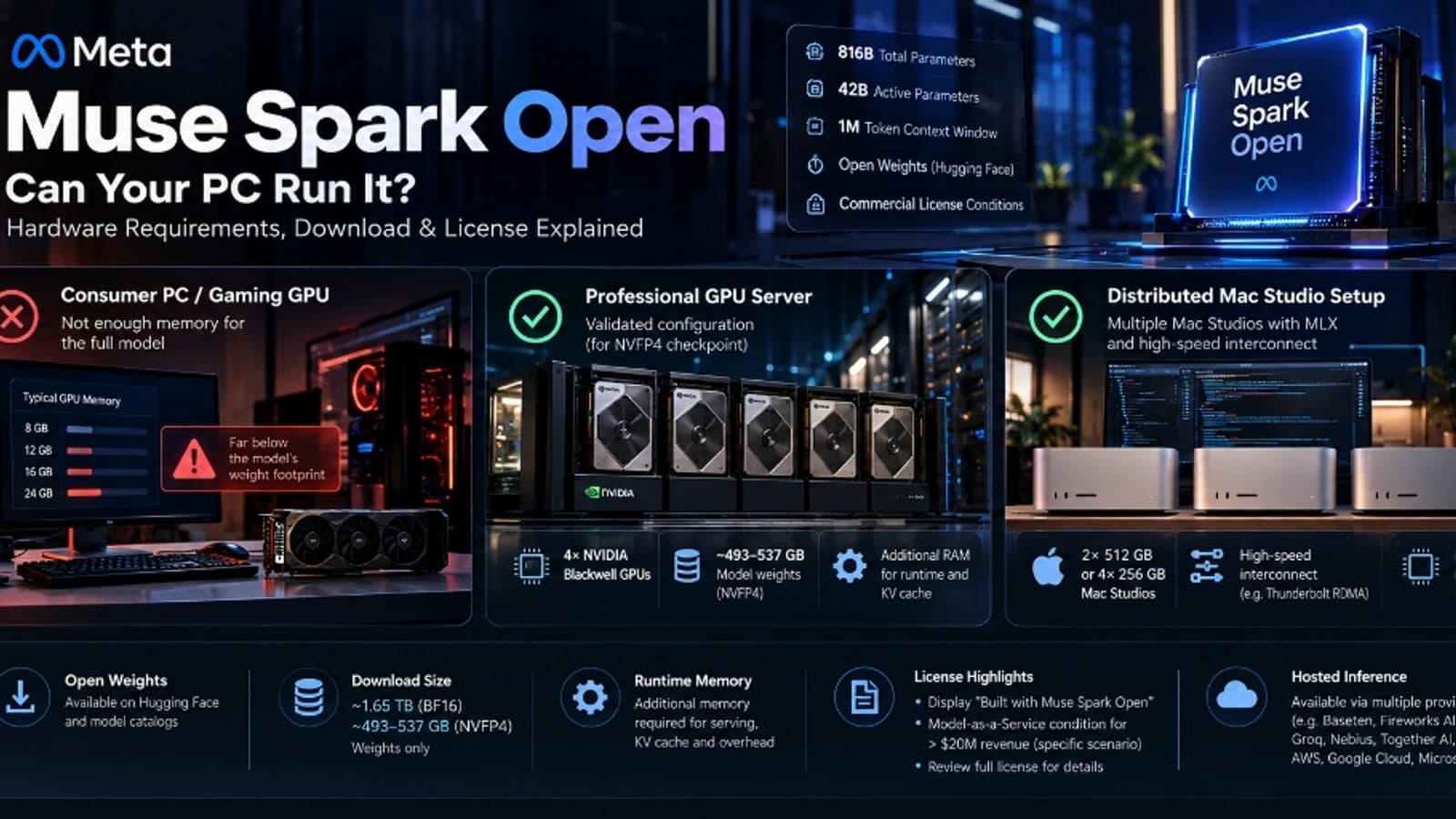 Comparison of consumer PC, multi-GPU server, and distributed Mac Studio hardware for Muse Spark Open inference.