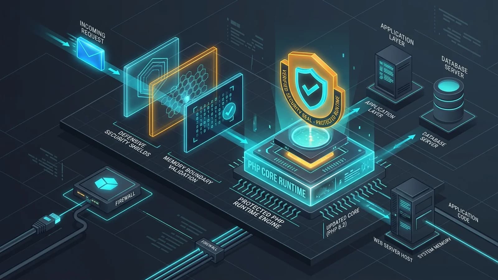 Modern technical cybersecurity architecture diagram illustrating defensive shields, memory boundary inspection, and a protected PHP core runtime engine.