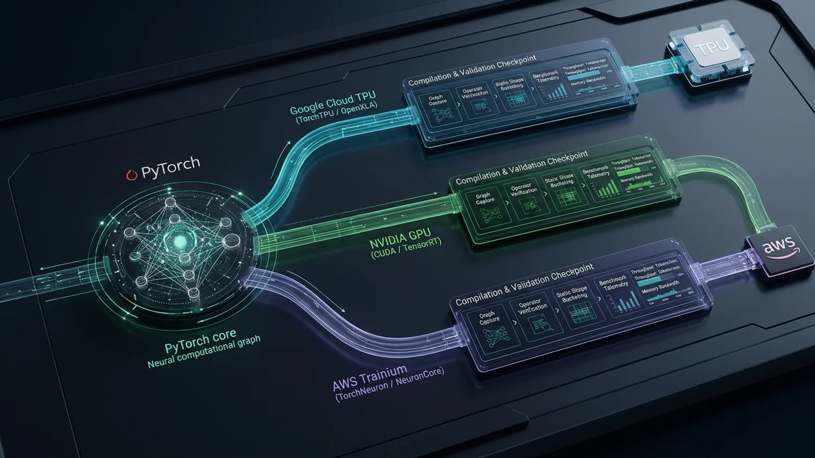 Architecture diagram comparing native PyTorch backends for Google Cloud TPU and AWS Trainium with a validation and benchmarking stage.